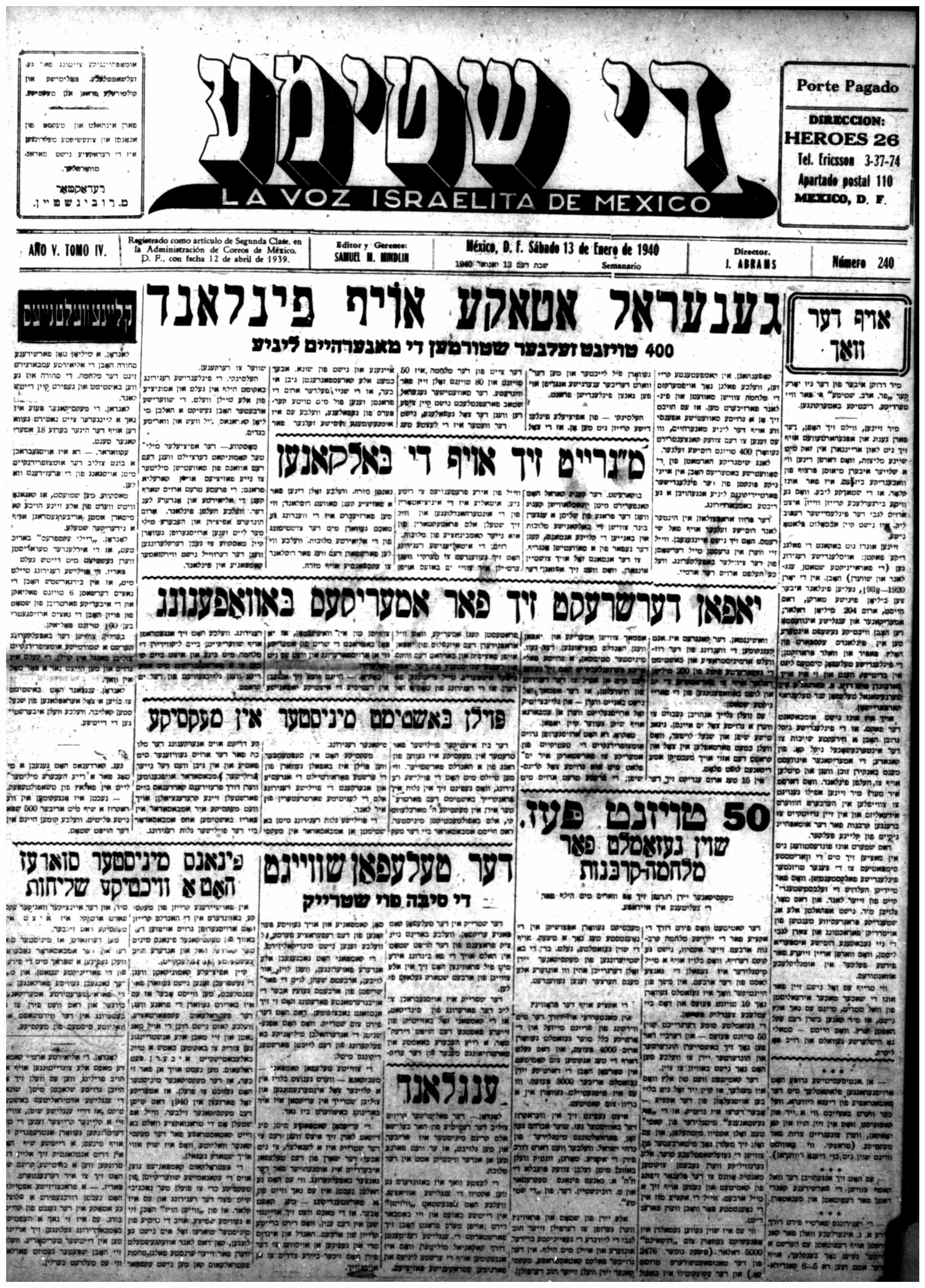 Fifty thousand pesos already collected for the war victims, Di shtime/La Voz Israelita de Mexico, newspaper article 1940