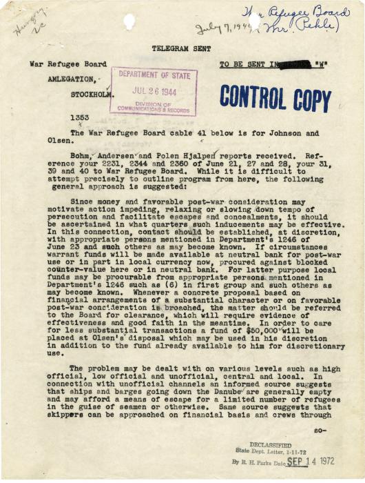 WRB instructions for Raoul Wallenberg