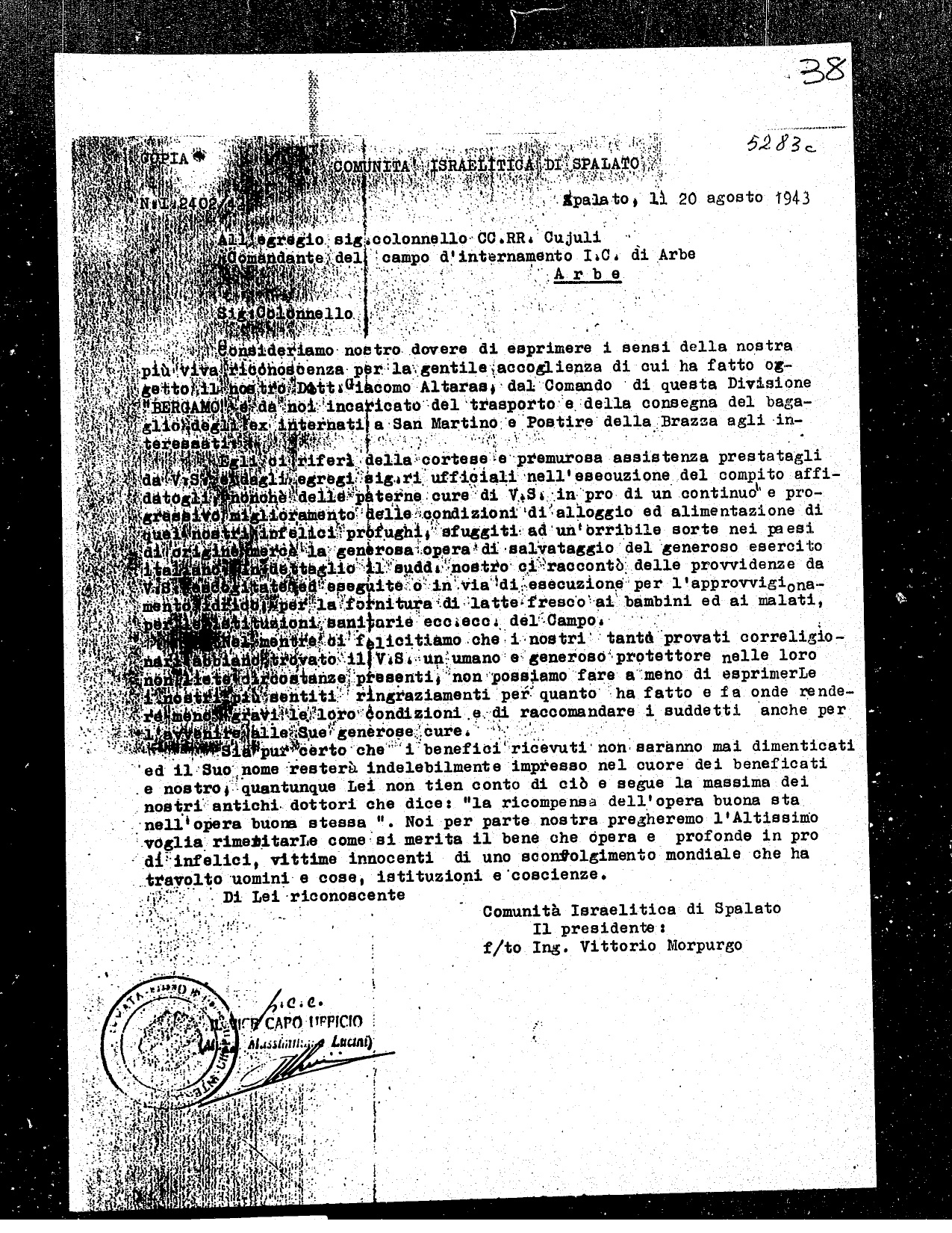 Morpurgo, Vittorio Jewish community of Split letter 1943