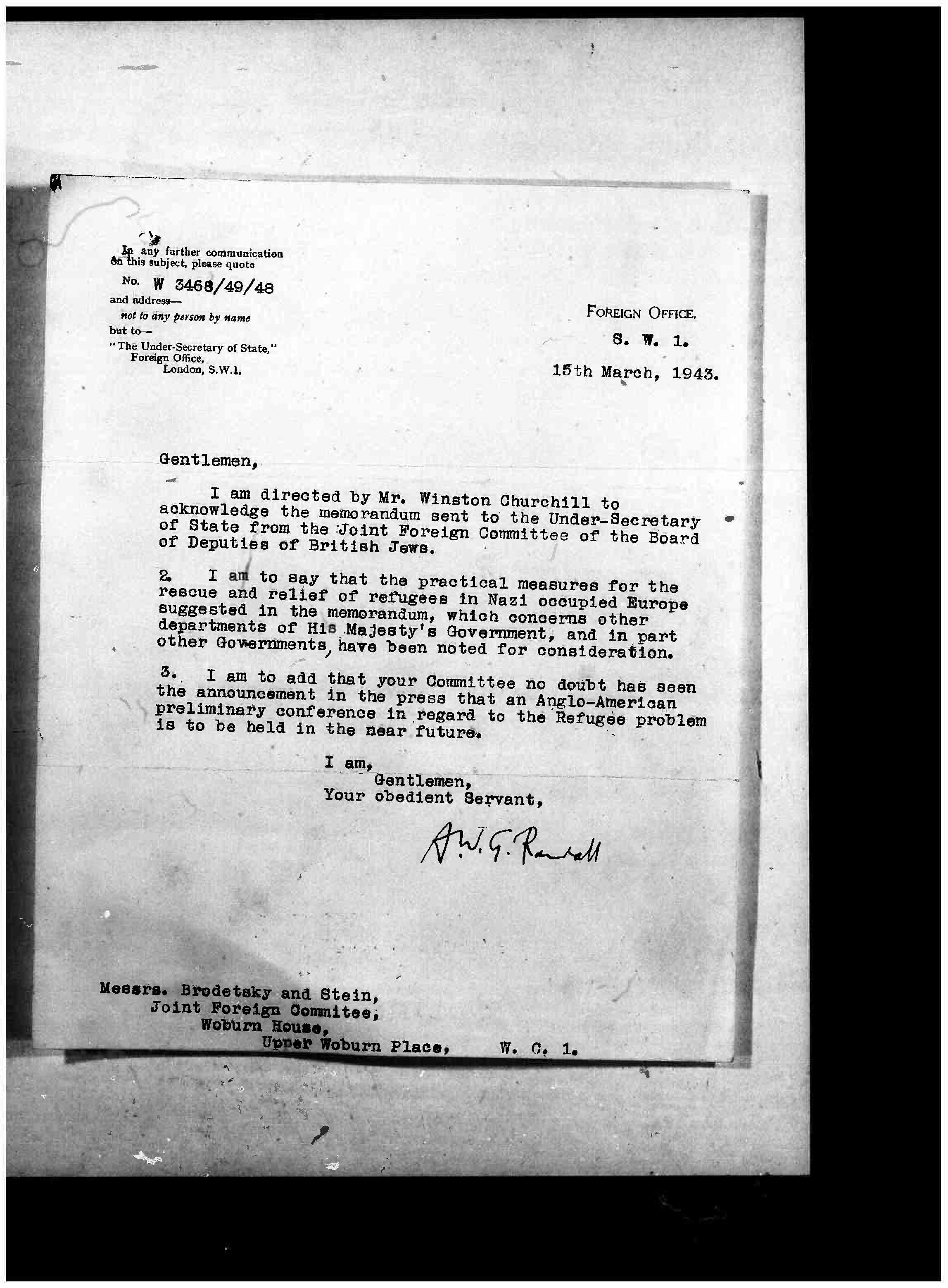 Brodetsky, Selig and Stein, Leonard letter to British State of Foreign Affairs 1943