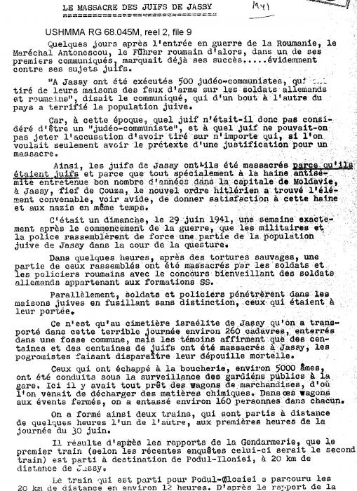 World Jewish Congress, memorandum on massacre of Jews in Jassy 1941