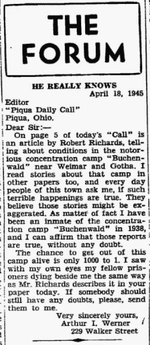 Werner, Arthur letter to the editor Piqua Daily Call 1945