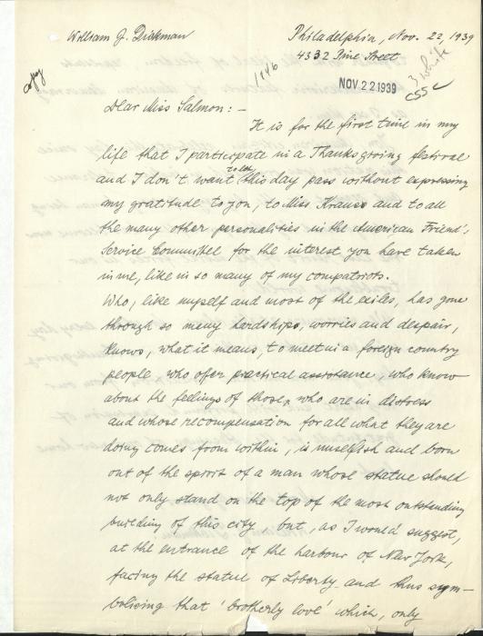 Dickman, William letter to American Friends Service Committee 1939
