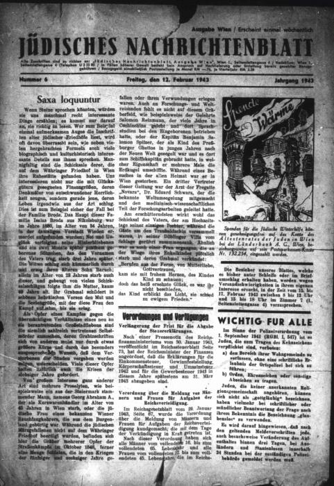 Saxa loquuntur, Vienna J&uuml;disches Nachrichtenblatt, newspaper article 1943