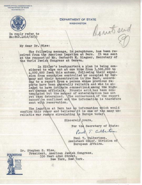 Unsent Telegram from Gerhart to Rabbi Stephen Wise