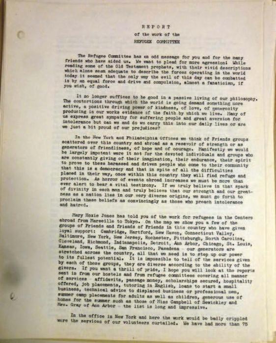 AFSC Report of the Work of the Refugee Committee