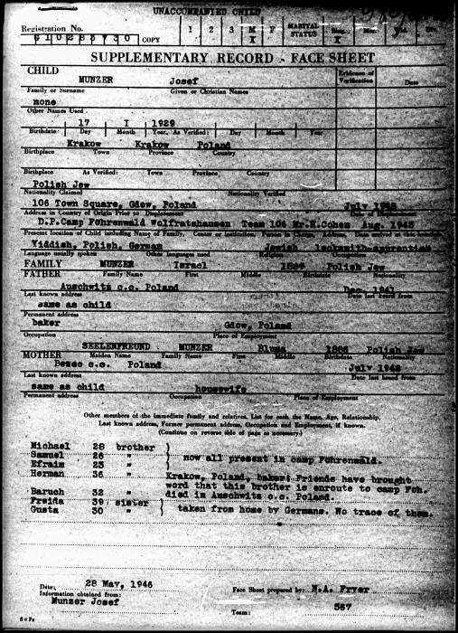 Munzer, Josef report 1946