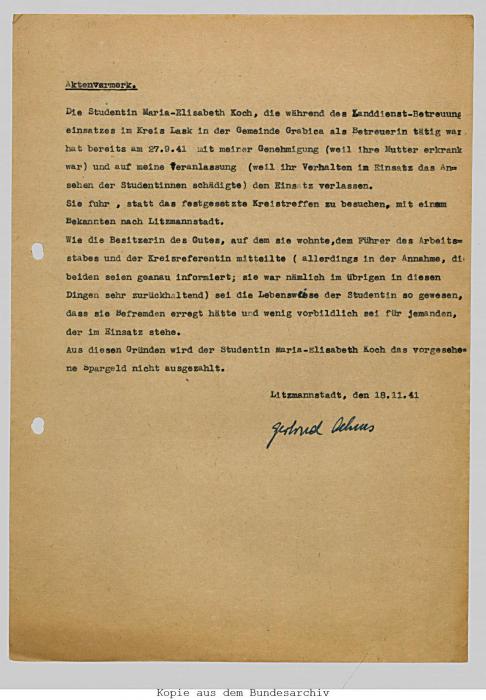 Memo regarding Marie-Elisabeth Koch