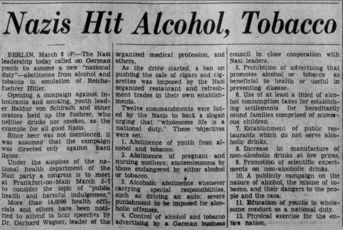 An American newspaper describes efforts by the Nazi regime to discourage Germans consumption of alcohol and tobacco.