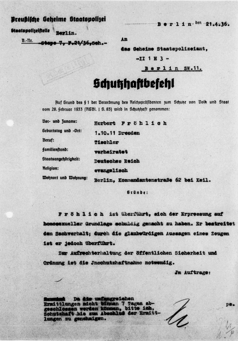 Protective custody order for Herbert Fr&ouml;hlich from the Berlin Police.