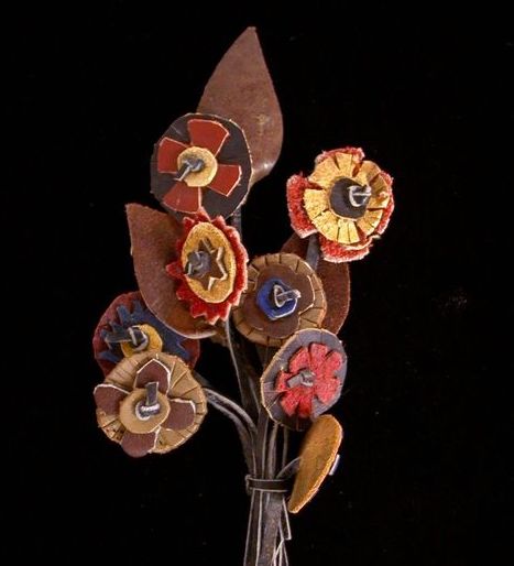 Bouquet of flowers made in Bergen Belsen from shoe leather by Ruth Wiener Klemens.