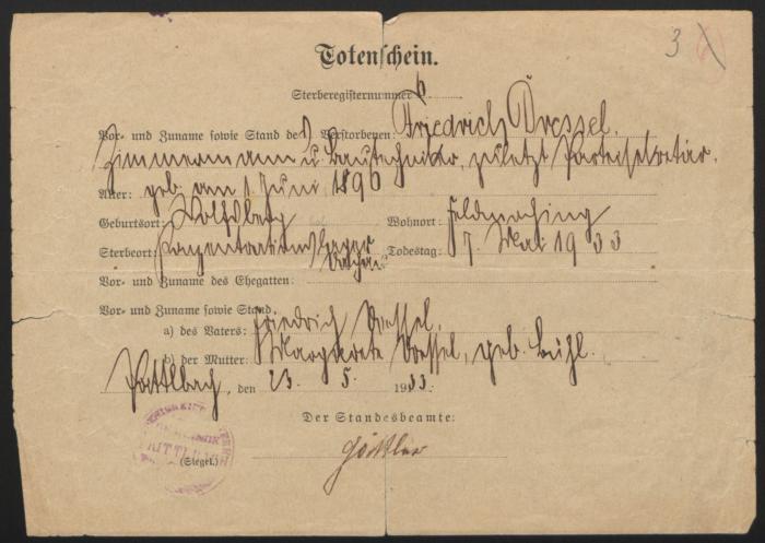 Death certificate for Fritz Dressel