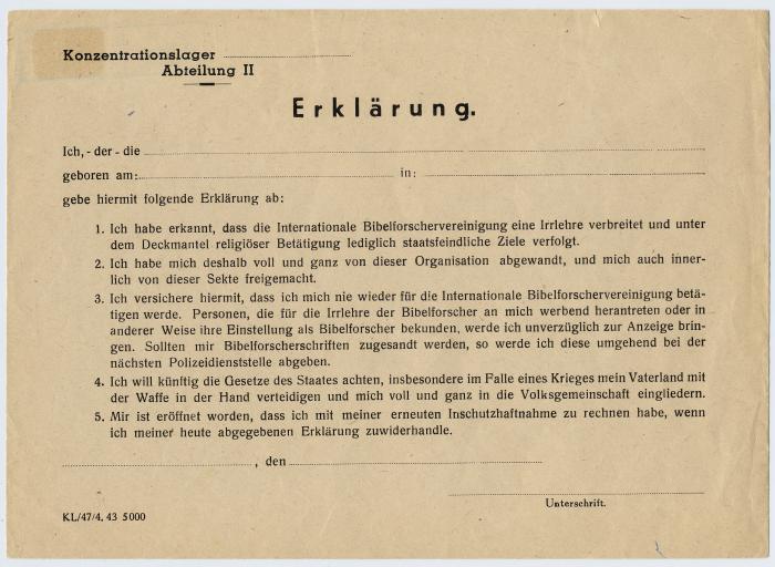 Form renouncing association with Jehovahs witnesses