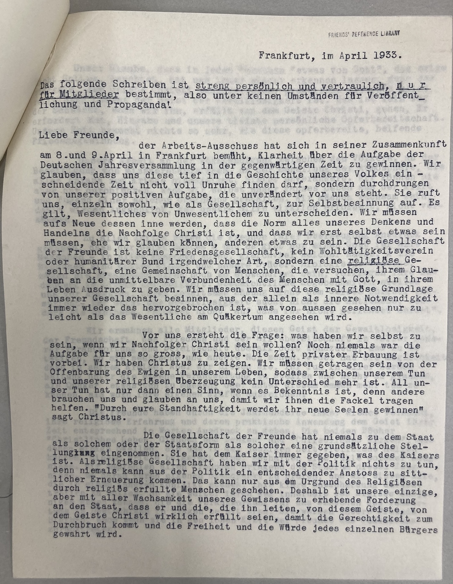 Letter from German Quaker Representatives
